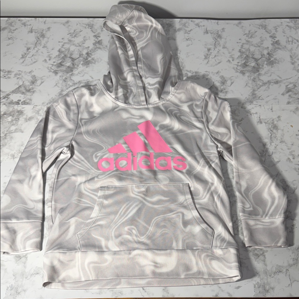 Adidas Kids' White and Gray Swirl Hoodie with Pink Logo Size Small 7/8
